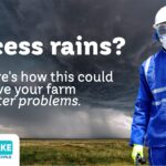 Skylake Drilling technician in protective gear standing in a field under heavy rain clouds, representing farm water management solutions during excess rainfall.